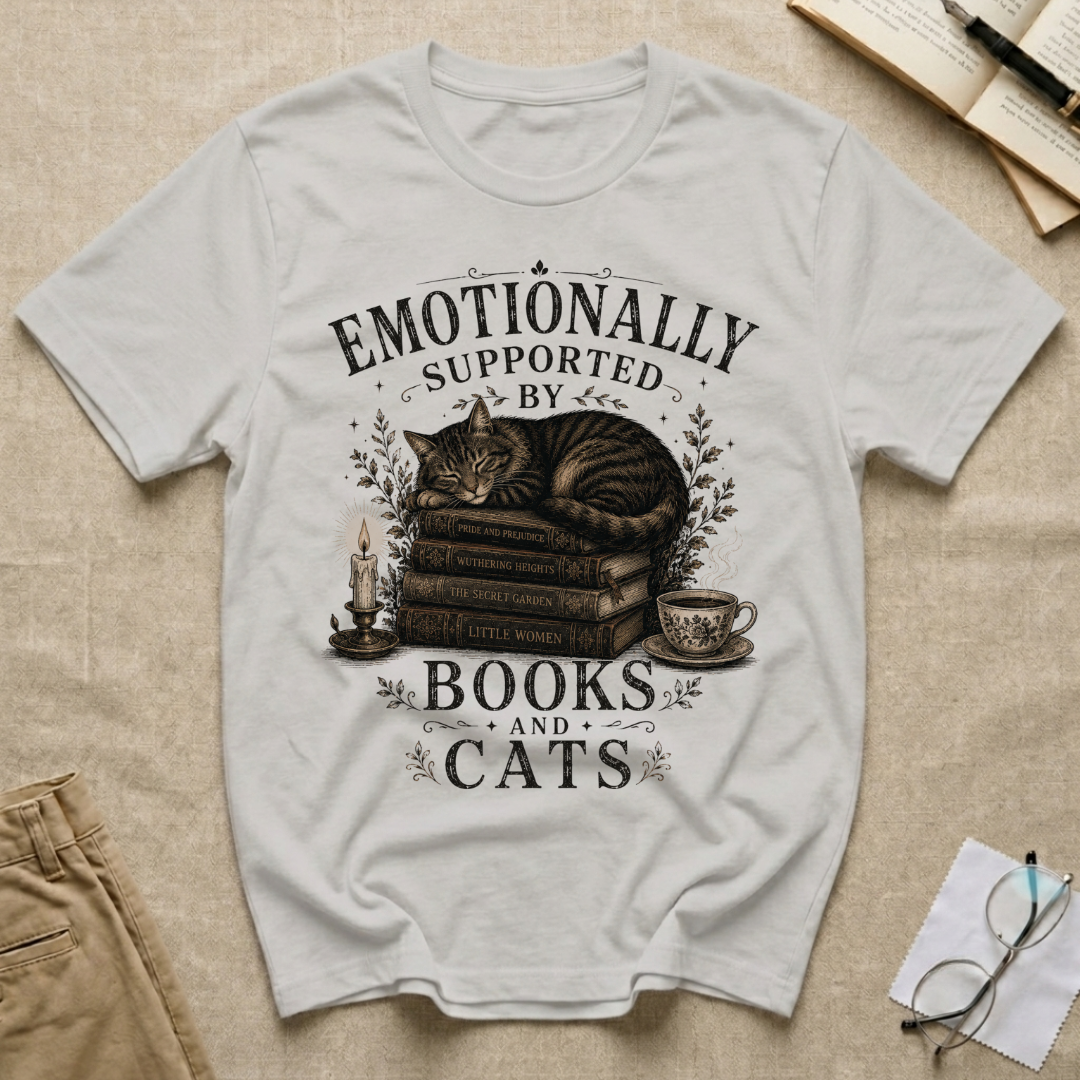 Emotionally Supported By Books and Cats T-Shirt
