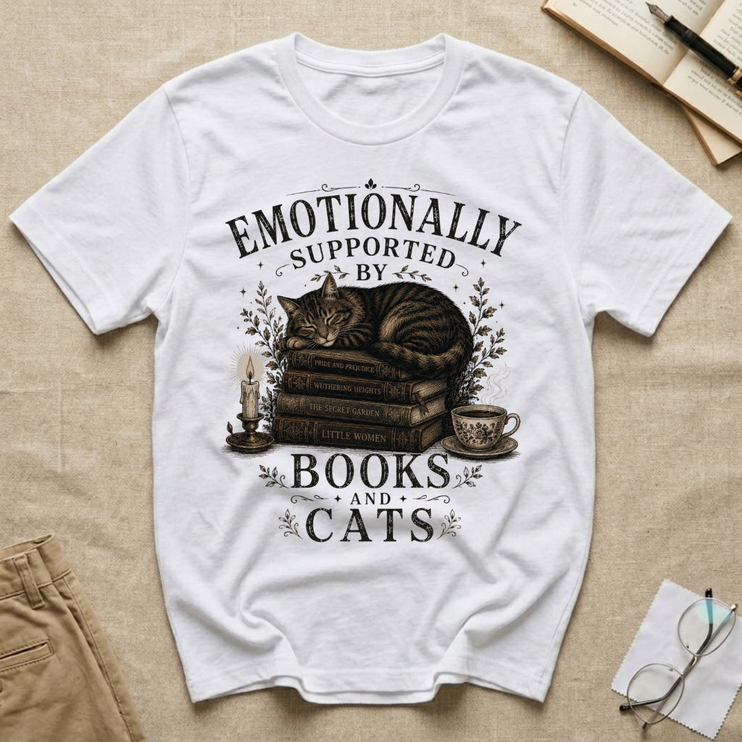 Emotionally Supported By Books and Cats T-Shirt